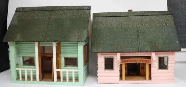 2 BIRD/DOLL HOUSES, LOG CABIN STYLE, 18 3/4" - 20