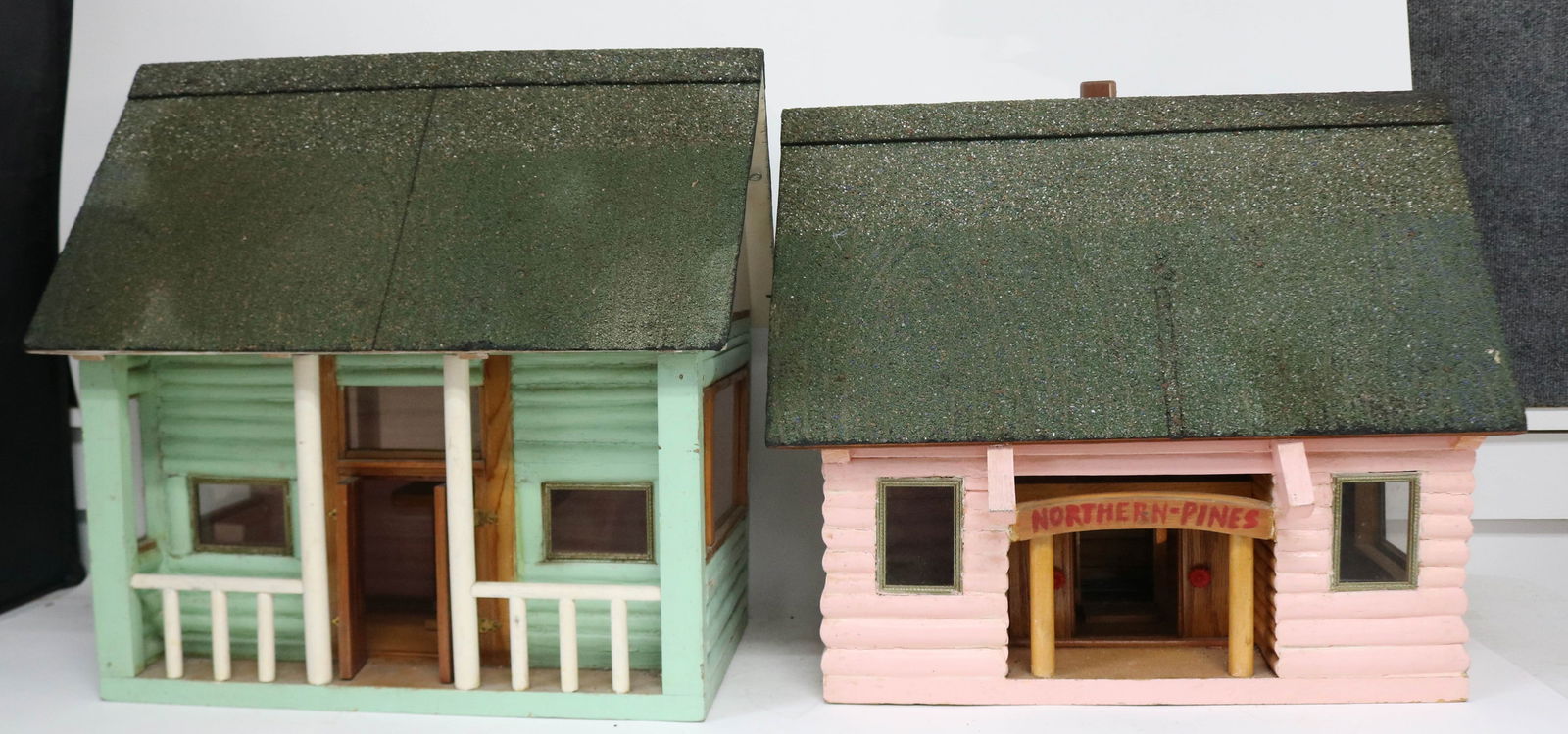 2 BIRD/DOLL HOUSES, LOG CABIN STYLE, 18 3/4" - 20: 1/2" H, 21" - 21 3/4" W, 14" - 15" W, PAINTED FINISH, ASPHALT ROOF
