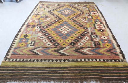 ANTIQUE ROOM SIZE KILIM, 6' X 10' 2", SHOWS SOME