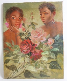 OIL ON CANVAS, TWO YOUNG WOMEN WITH ROSES, EARLY