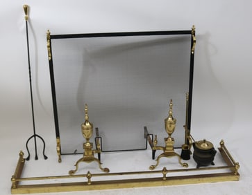 7 PCS. BRASS FIREPLACE SET, IRON & BRASS SCREEN,