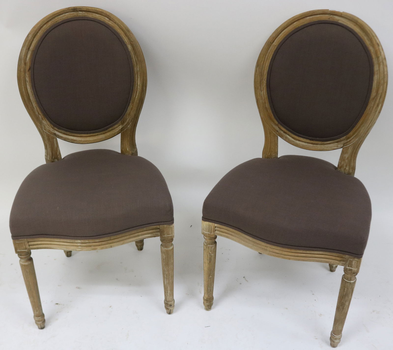 PAIR FRENCH STYLE SIDE CHAIRS, LATE 20TH C.,: WHITE WASH FINISH, UPHOLSTERED BACK & SEAT, 38" H, 19" W, 19" D, 19" SEAT HEIGHT