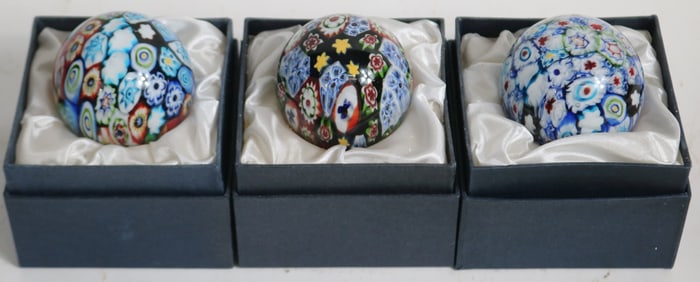 3 CONTEMPORARY, MURANO MILLEFIORI PAPER WEIGHTS,