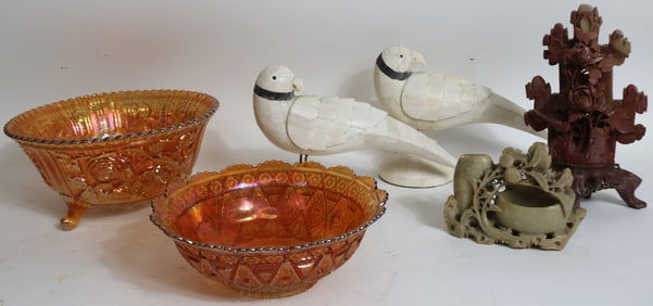 6 PCS. LOT; 2 ORANGE CARNIVAL BOWLS, 3" - 5" H, 8