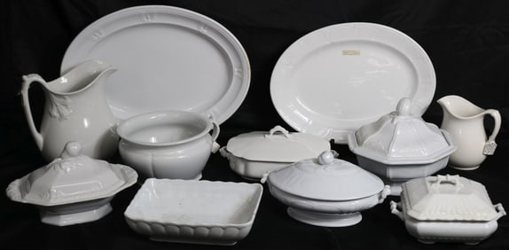 11 PCS. 19TH C. WHITE IRON STONE, 2 PLATTERS, 19"