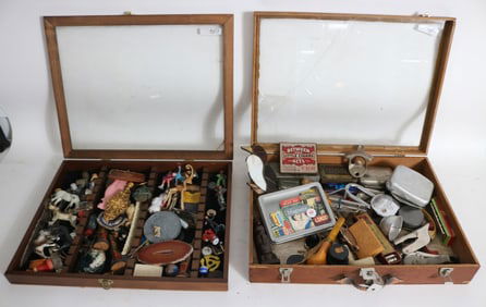 2 SMALL DISPLAY CASES WITH MISC. ITEMS, FIGURES,
