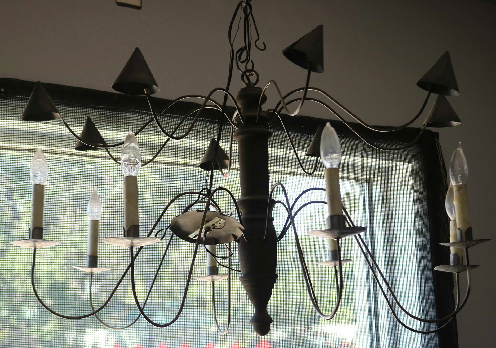 8 LIGHT TIN & TURNED WOOD CHANDELIER, 20" H, 35": DIA., 20TH C.