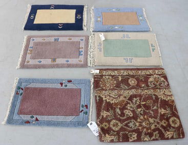 6 SMALL ORIENTAL RUGS, (5) 1' 3" X 2' AND 2' X 2'