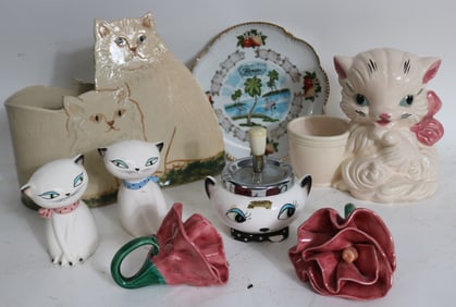 8 PCS. CAT POTTERY, VASES , S&P, ASHTRAY, 2
