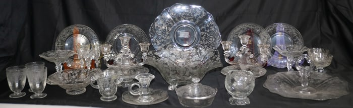 28 PCS. ELEGANT, ETCHED GLASSWARE, CANDLESTICKS,