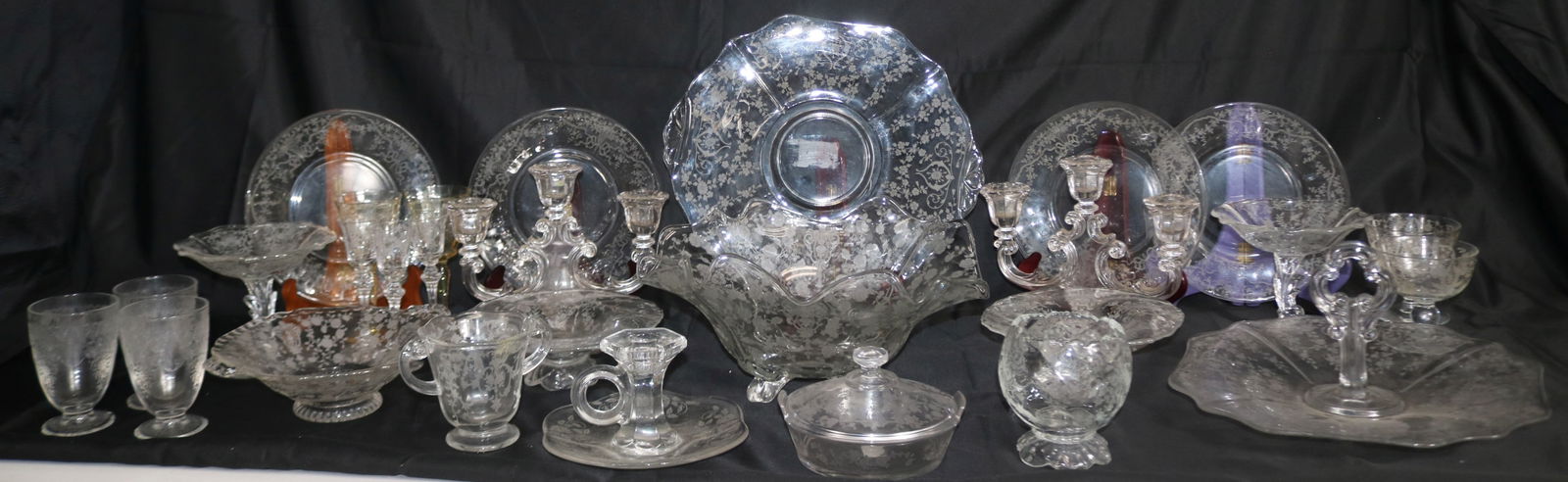 28 PCS. ELEGANT, ETCHED GLASSWARE, CANDLESTICKS,: TRAYS, BOWLS, COMPOTES, PLATES, ETC., 3 1/2" - 7" H, 1 3/4" - 11 1/2" W, INCLUDES HEISEY ORCHID