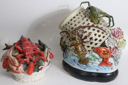 2 CONTEMPORARY PORCELAIN LOBSTER, CRAB & FISH