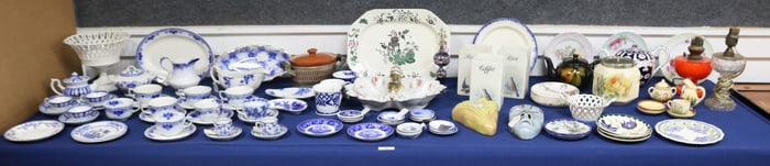 LARGE TABLE LOT, 85 PCS., FLO BLUE, BISCUIT JAR,