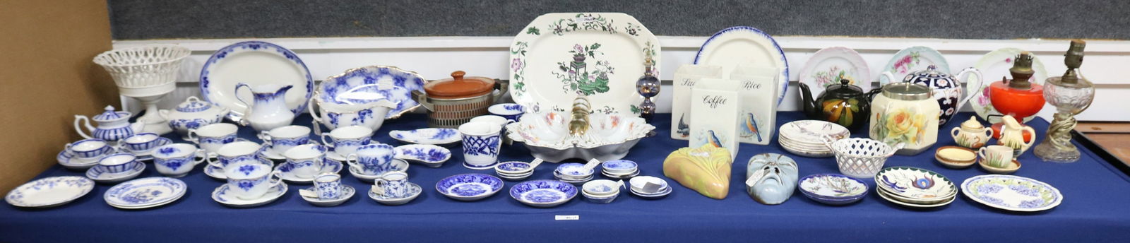 LARGE TABLE LOT, 85 PCS., FLO BLUE, BISCUIT JAR, (1 of 4)