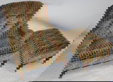 UPHOLSTERED ARM CHAIR & MATCHING OTTOMAN, MADE BY