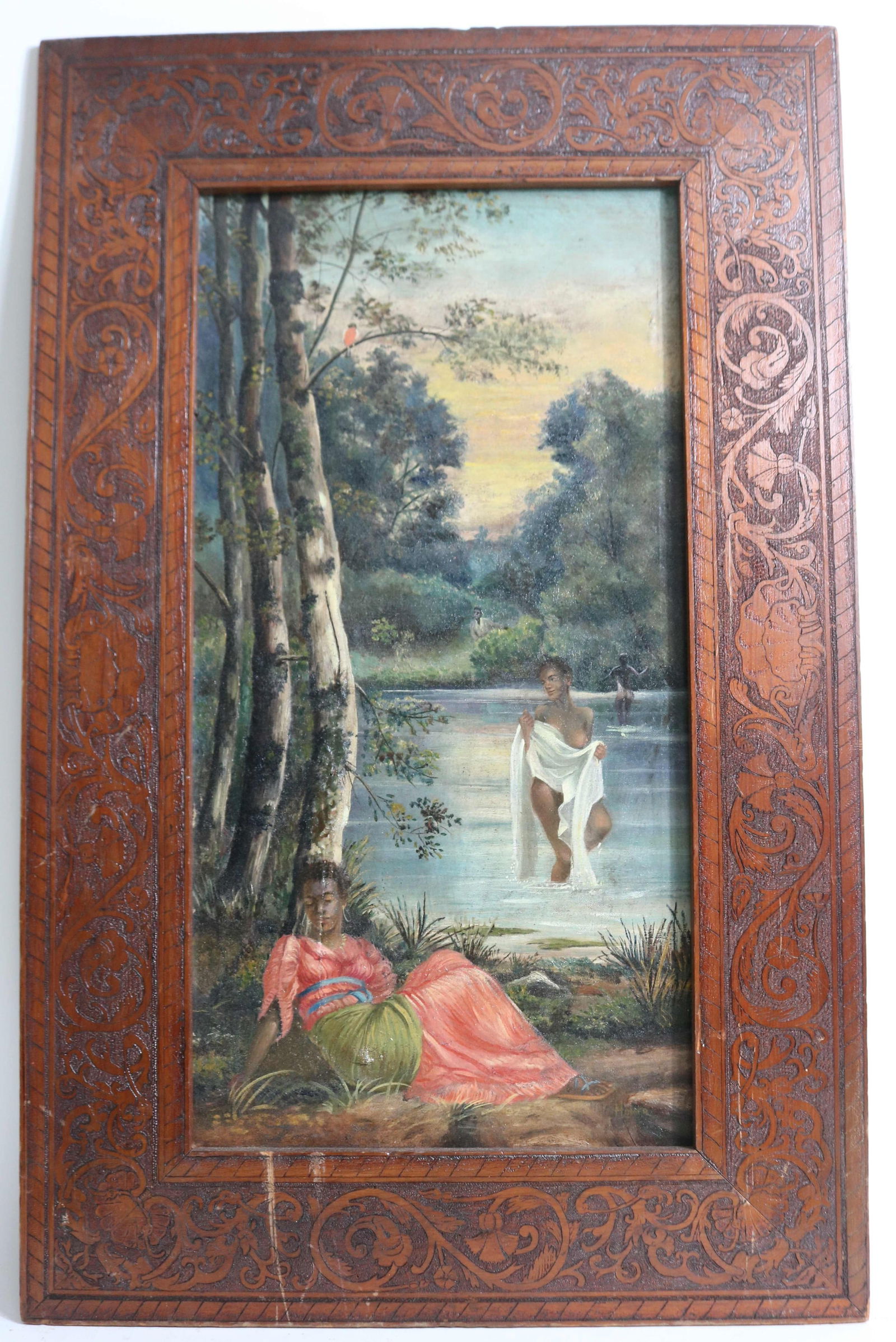 OIL ON CANVAS, BATHING AND NAPPING WOMEN, EARLY: 20TH C, SIGNED LOWER RIGHT, SHOWS REPAIRS, 22 1/2" X 11 1/2" SIGHT, IN BURNT WOOD FRAME 30 1/4" X 19 1/4", FRAME SIGNED & DATED 12/12/13