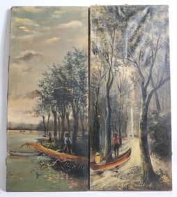 2 OIL ON CANVAS, RIVER SCENES WITH PEOPLE, 1 WITH