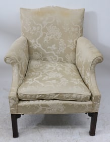 CHIPPENDALE STYLE UPHOLSTERED ARMCHAIR, CARVED