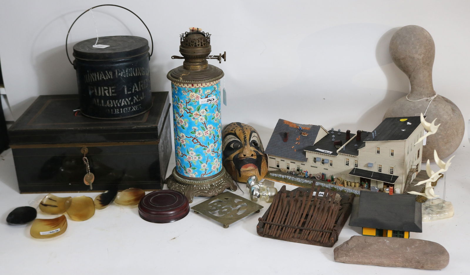 LARGE LOT TO INCLUDE TIN BOX, LARD PAIL, LONGWY: LAMP, GORD, HOUSE MODEL, MUSICAL INSTRUMENT, MASK, HORN DIPPERS, ETC.