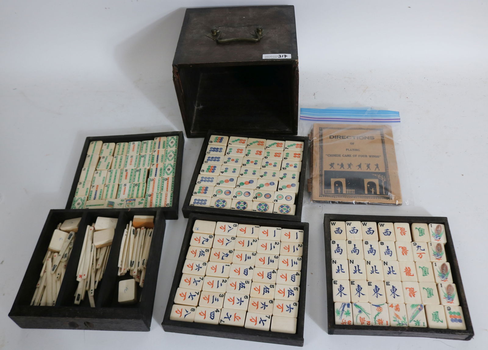 MAHJONG SET, DOVETAIL CASE WITH 5 DRAWERS, WITH: TILES & STICKS, 6" H, 7 3/4" W, 7 1/2" D, CASE SHOWS DAMAGE