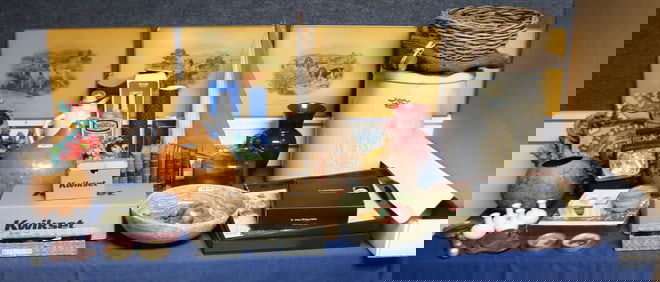 LARGE TABLE LOT OF 54 MISC. ITEMS, CROCK, EARLY