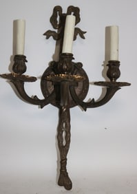 BRASS 3 LIGHT SCONCE, RIBBON MOTIF, 18" H, 12" W,