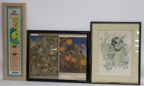 3 FRAMED PRINTS, MINI MERMAID AD, 26" X 8"