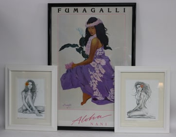 3 FRAMED PRINTS, YOUNG WOMAN, FUMPGALL, HAWAIIAN