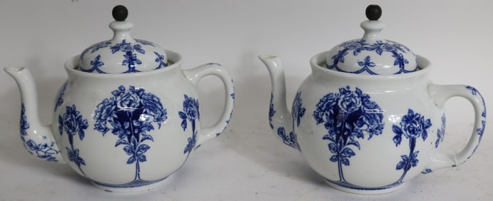 2 BUFFALO POTTERY TEAPOTS, ARGYLE PATTERN, BLUE &