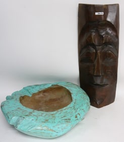 CARVED & PAINTED MAHOGANY BOWL, 5 1/2" H, 21" X