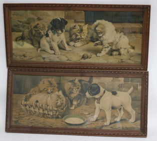 2 CUTE FRAMED PRINTS WITH KITTENS & PUPPIES, 11"