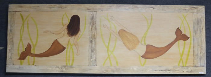 LARGE PAINTING ON WOOD PANEL, MERMAID, SIGNED