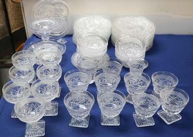 55 PCS. CLEAN PRESSED GLASS CAPE CODE PATTERN