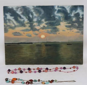 CONTEMPORARY OIL ON CANVAS, BOATS AT SUNSET 18" X