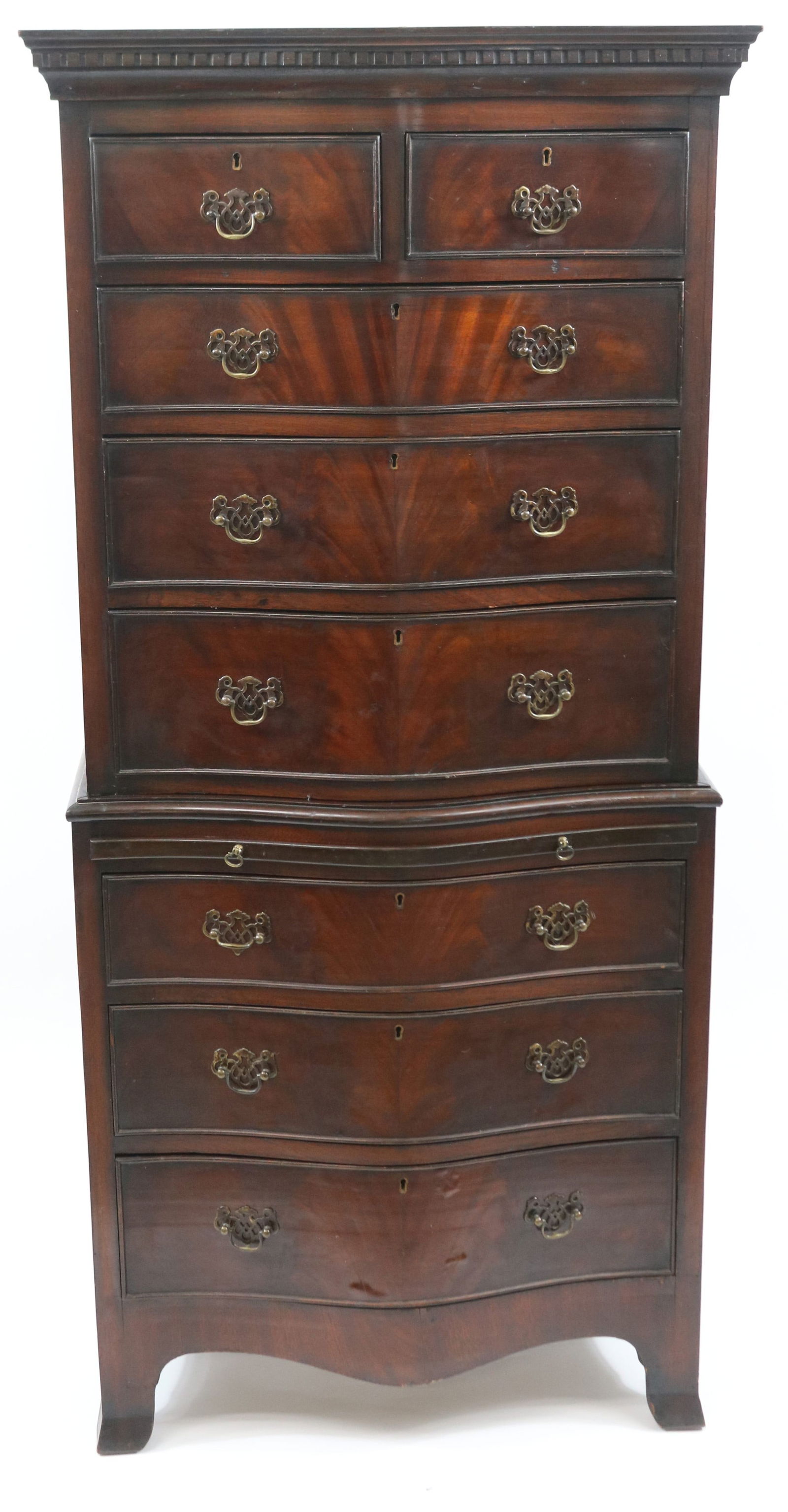 DIMINUTIVE MAHOGANY CHEST ON CHEST, EARLY 20TH C.: BENCH MADE, DENTAL MOLDED TOP, SERPENTINE FRONT, PULL OUT SURFACE & HEPPLEWHITE STYLE BASE, SOME BUBBLING TO VENEER, BOTTOM DRAWER, 59 3/4", 26 3/4" W, 19" D