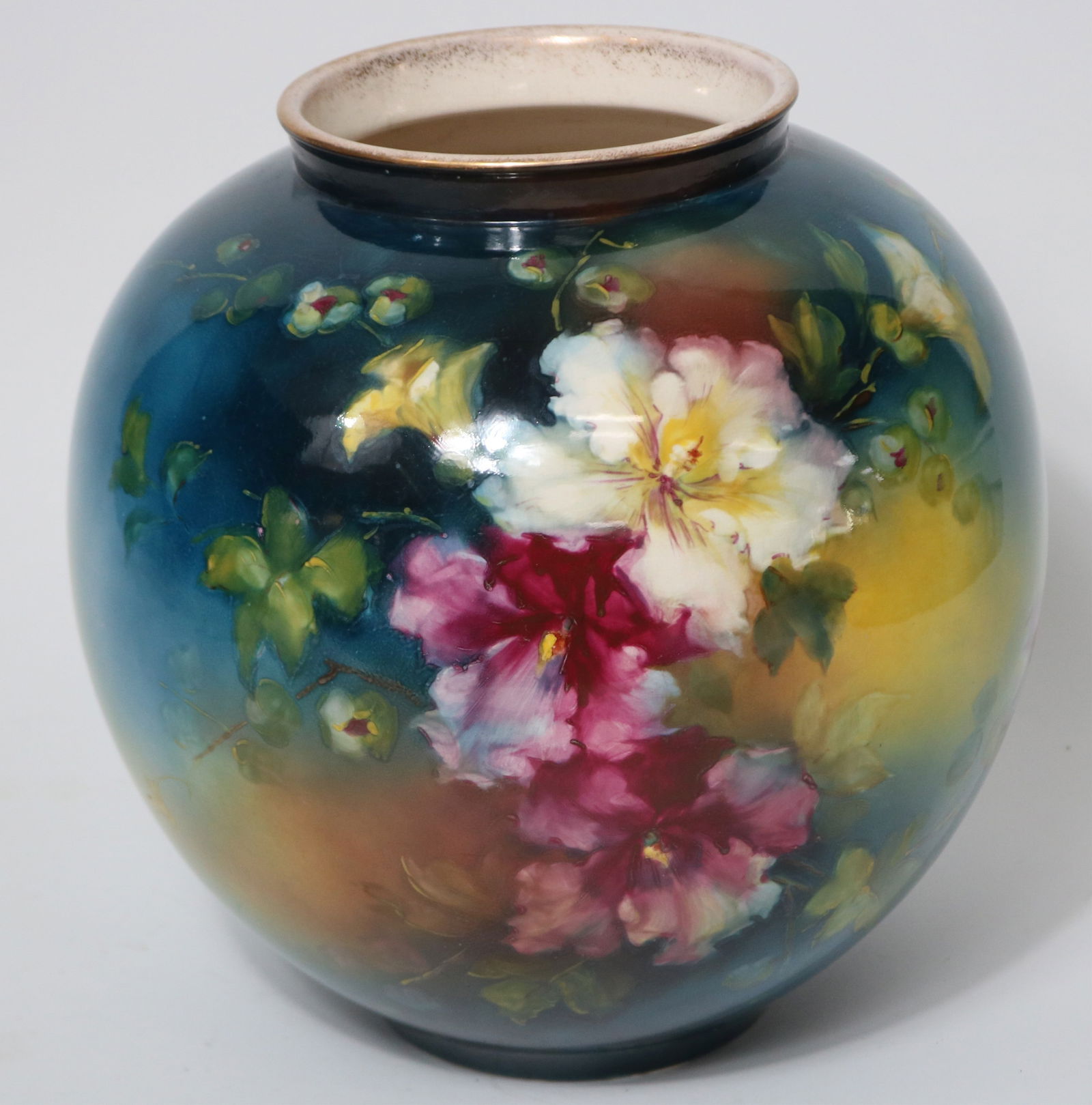 FLORAL PAINTED PORCELAIN BALL SHAPED BASE,: POSSIBLY ROYAL BONN, MINOR SPIDER MARKS TO BASE, 12 1/4" H, 11" DIA.