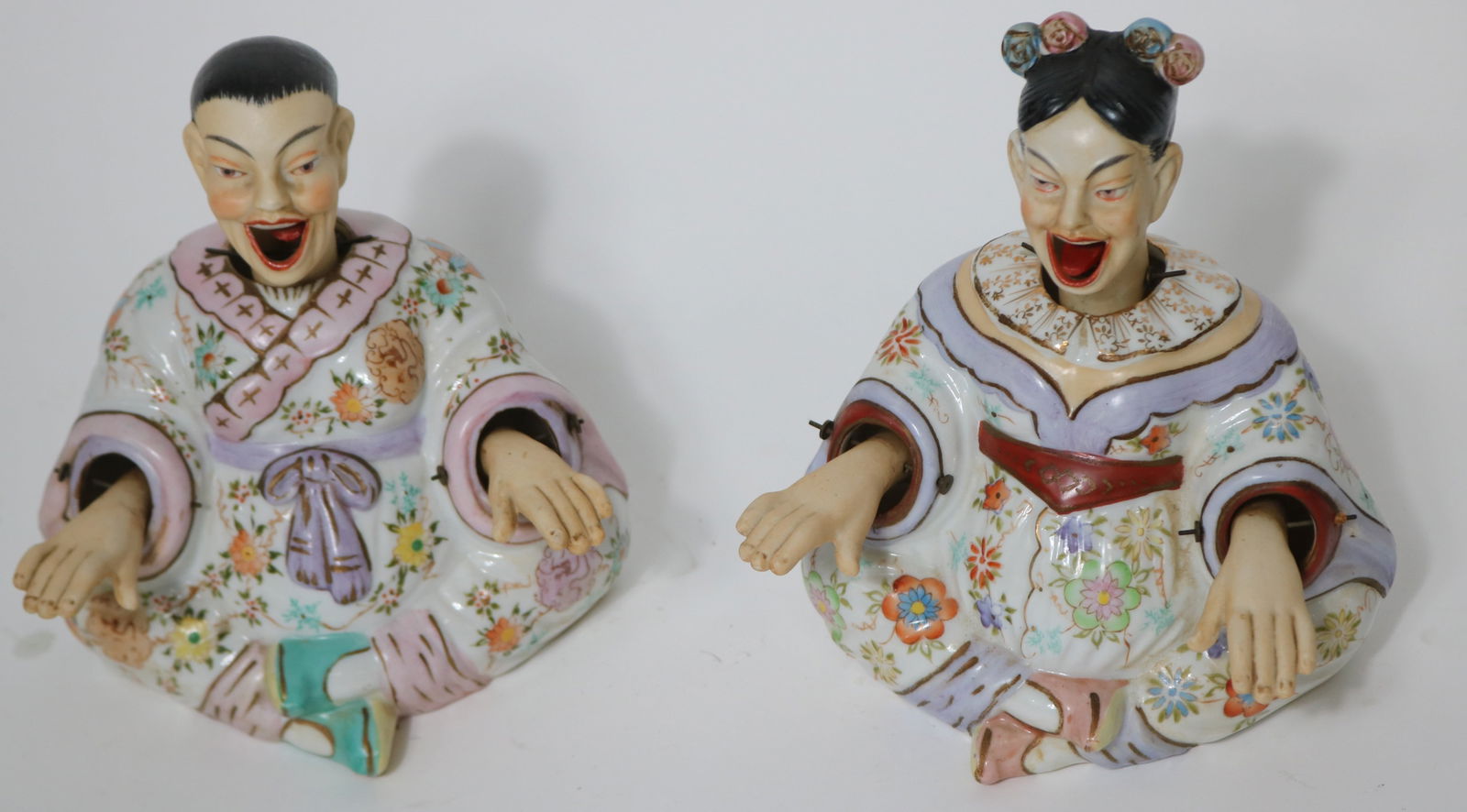 PAINTED METAL ART DECO WOMAN SEATED ON ROUND: WHITE MARBLE TRAY, 6 3/4" H, 8" DIA.