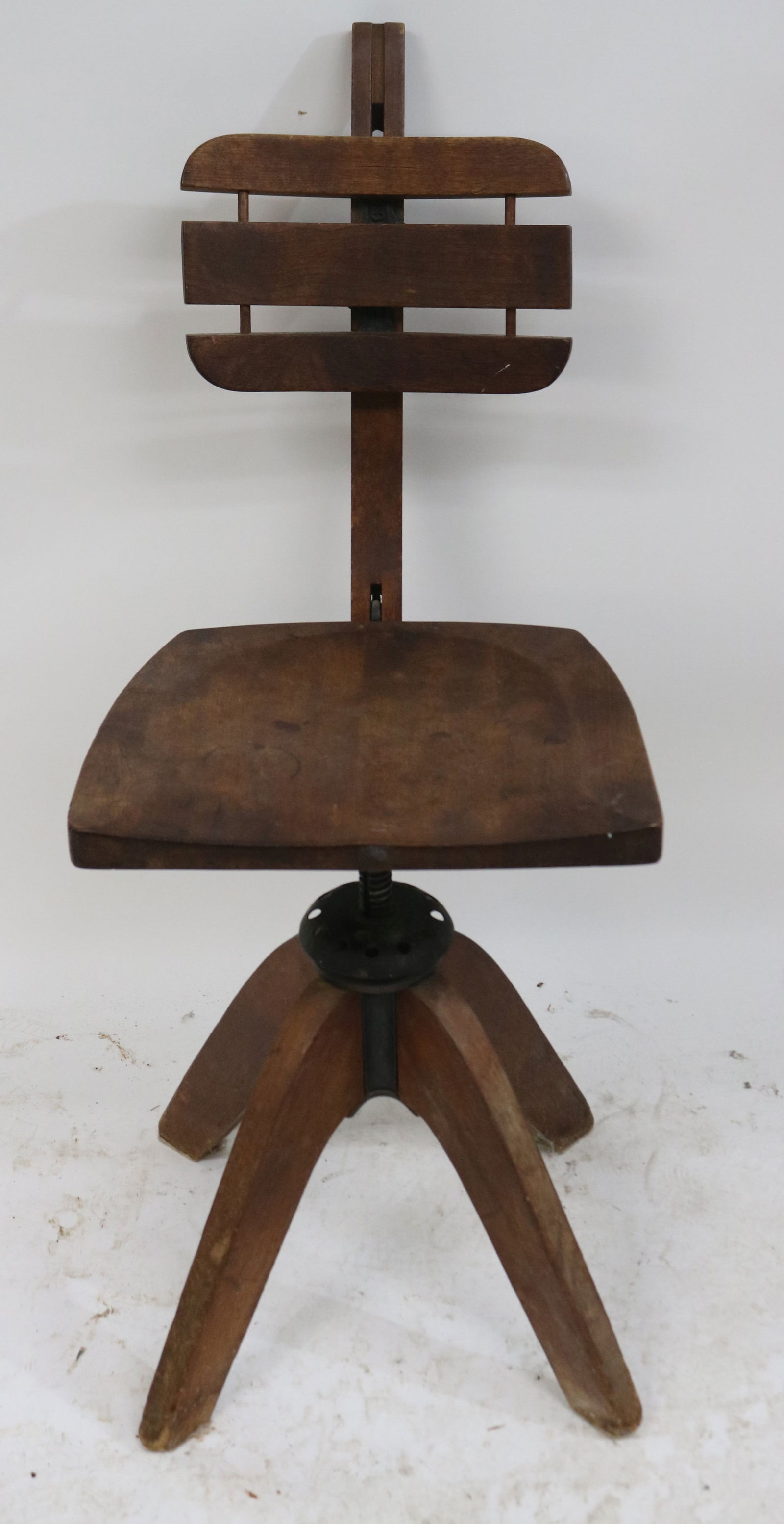 UNUSUAL SWIVEL & ADJUSTABLE CHAIR, MARKED COOK: CAMBRIDGE, WALNUT OLD FINISH, CAST IRON FITTINGS, 37" H, 15 3/4" W, 19" D