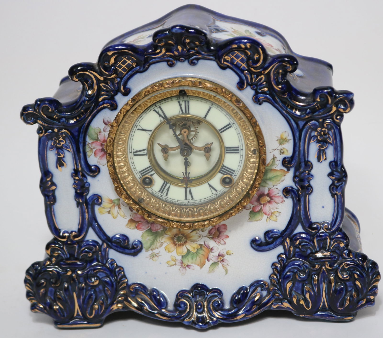 ANSONIA "RAINBOW" BLUE PORCELAIN MANTLE CLOCK,: FLORAL DECORATION, HAS PENDULUM, SPRINGS GOOD, 11" H, 12 1/2" W, 5 1/2" D