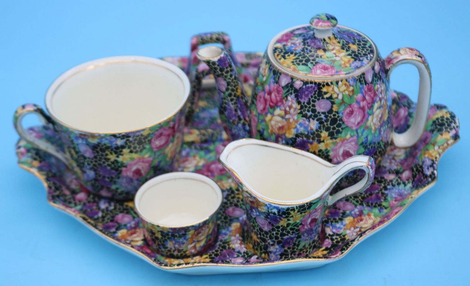 ROYAL WINTON CHINTZ BREAKFAST SET, "HAZEL": PATTERN, INCLUDES TOAST RACK, 10 1/2" W, 8 3/4" D, 4 1/2" H