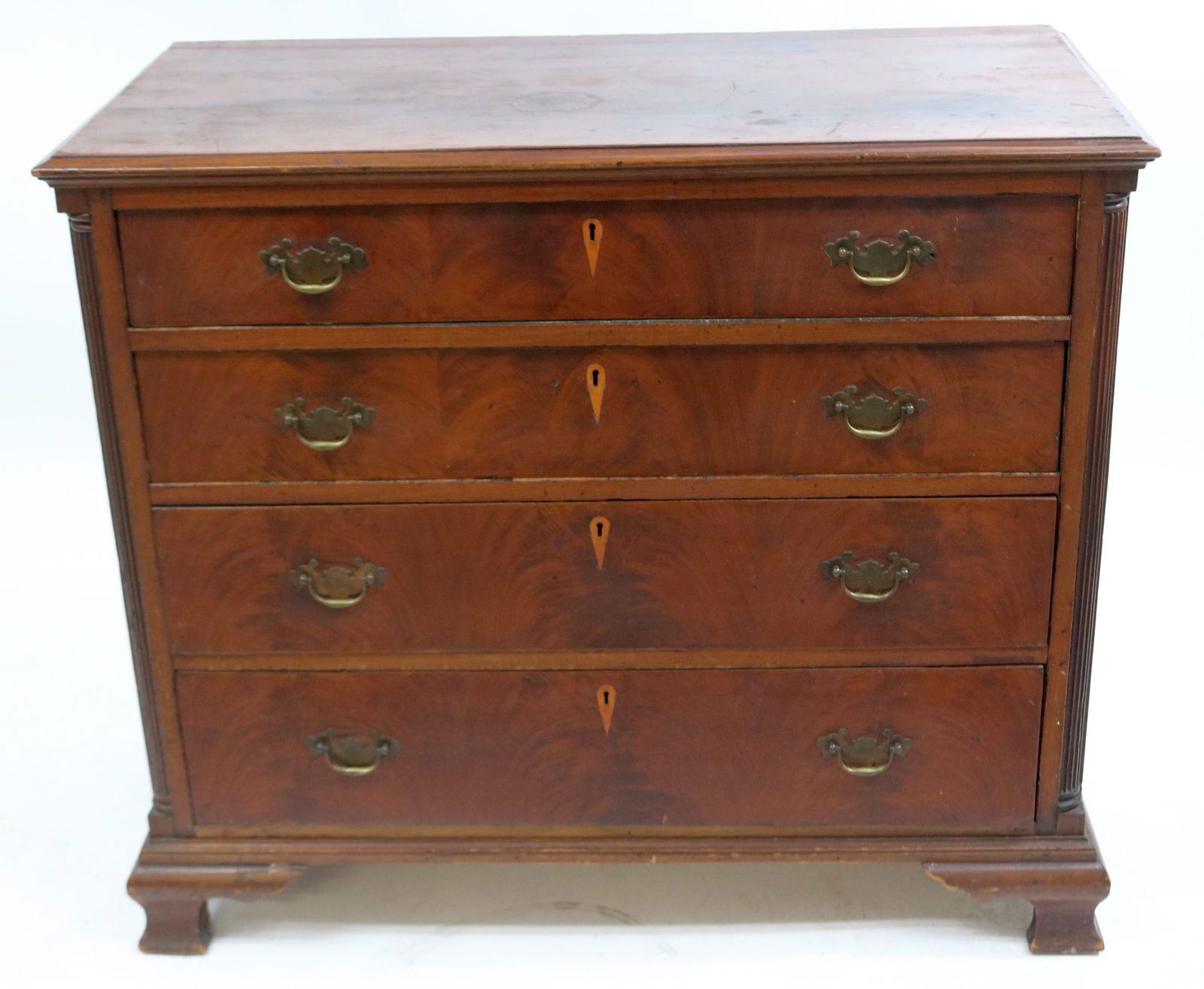 18TH C. 4 DRAWER CHEST, WALNUT & MAHOGANY, REEDED (1 of 6)