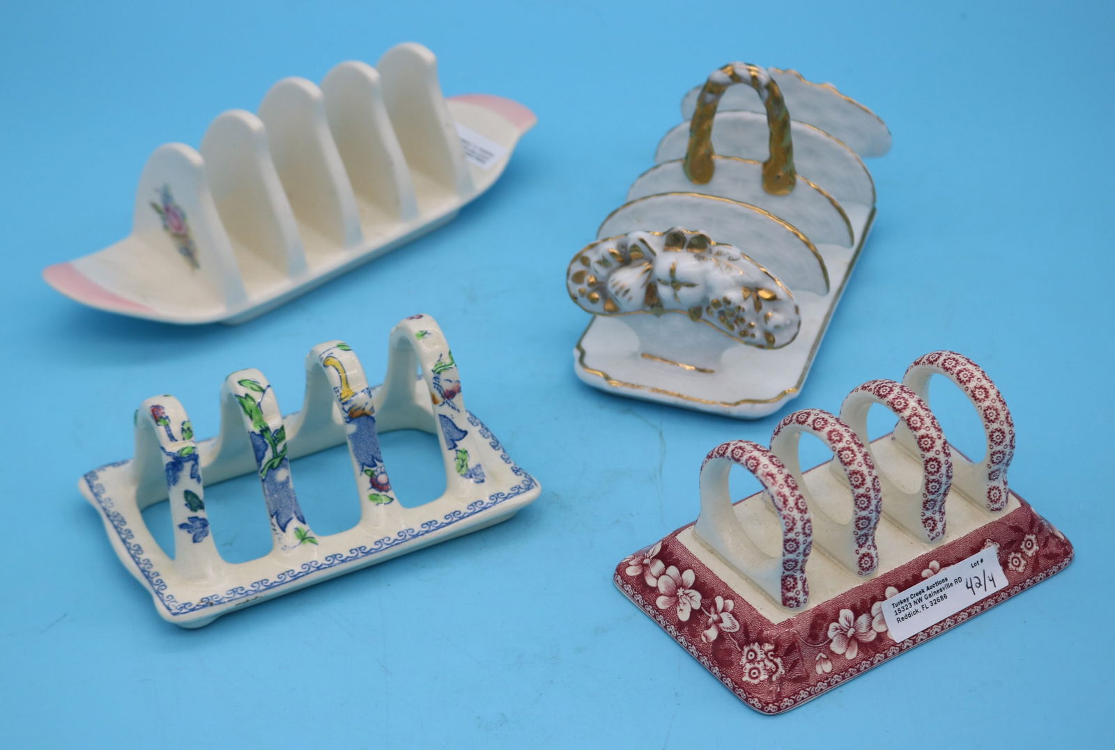 4 PORCELAIN TOAST RACKS, COPELAND SPODE "TOWER",: MASONS 5" - 8" W, IRONSTONE, ROYAL WINTON DECO STYLE, GERMAN BASKET STYLE 2 1/2" - 4" H