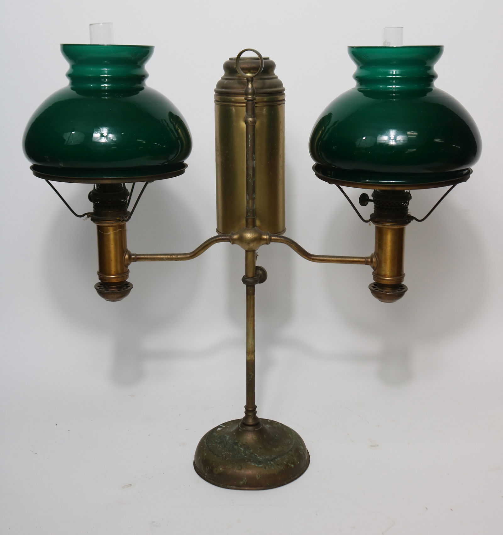 BRASS DOUBLE STUDENT LAMP, CASED GREEN SHADES, (1 of 2)