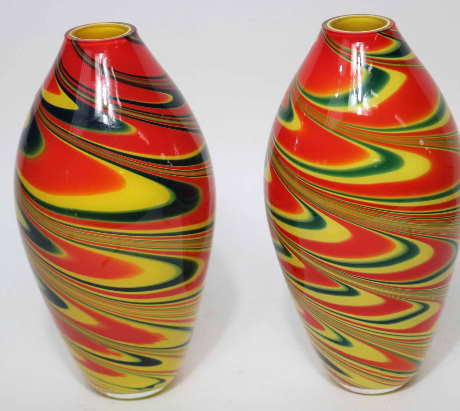 PAIR CONTEMPROARY ART GLASS VASES, CASED,: POLISHED BUTTONS, 11" H