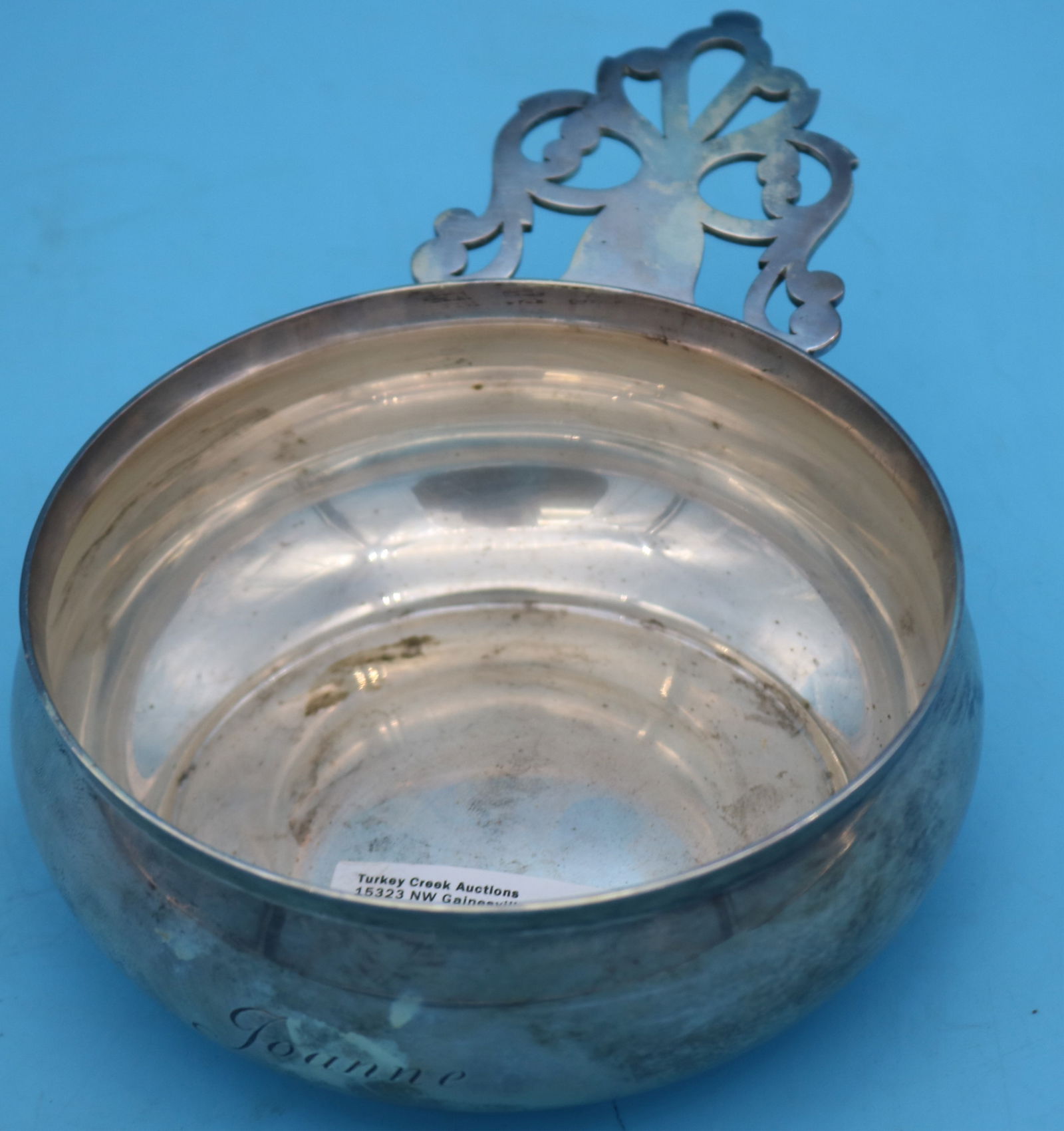 TIFFANY STERLING PORRINGER, REPRODUCTION BY: ZACHARIAH, BRIGDEN 1734-1789, 8.5 OZT. 2" H, 7 1/4" W, 4 3/4" DIA., MONOGRAMMED JOANNE