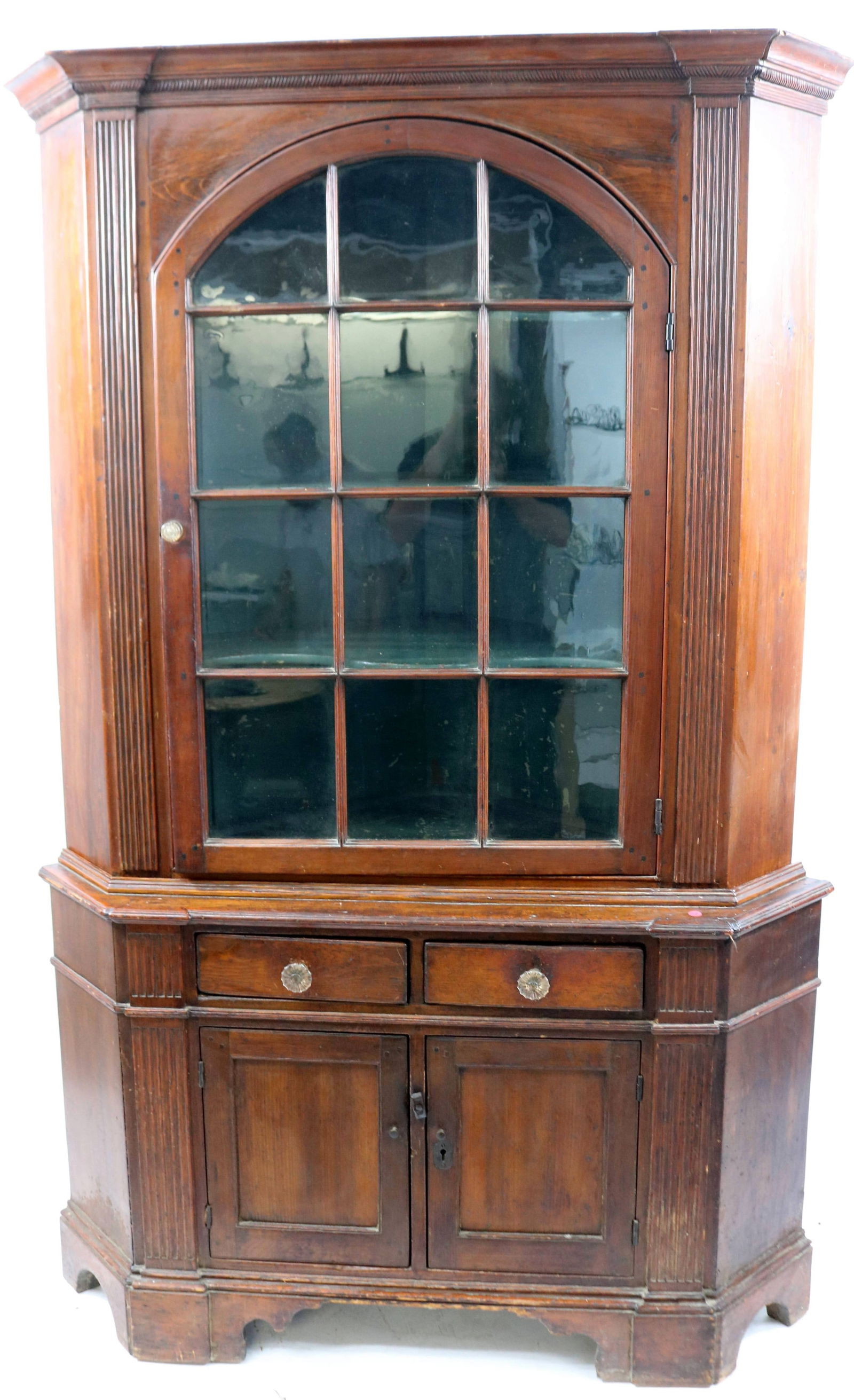 18TH C. ARCHITECTURAL , ARCHED GLAZED UPPER DOOR,: REEDED COLUMNS, 2 DRAWERS OVER 2 DOORS, CUT OUT BASE, PINE, OLD FINISH, PAINTED INTERIOR, 78" H, 53" W, 28 1/2" D