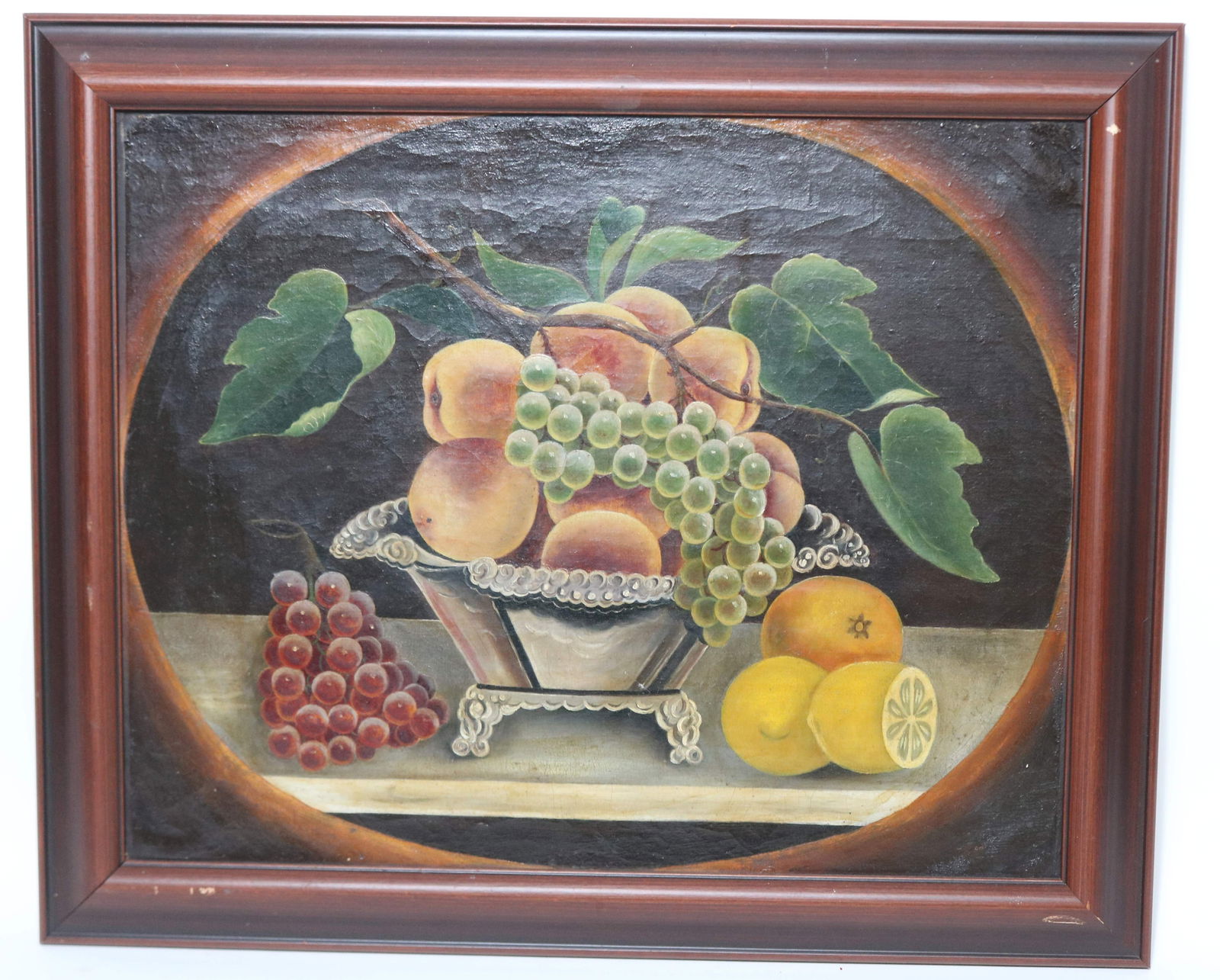 STILL LIFE ON CANVAS, EARLY 20TH C., FRUIT IN: BASKET, LATER MODERN FRAME, 16" X 20" SIGHT, 19 1/2" X 23 1/2" OVERALL, NO DAMAGE