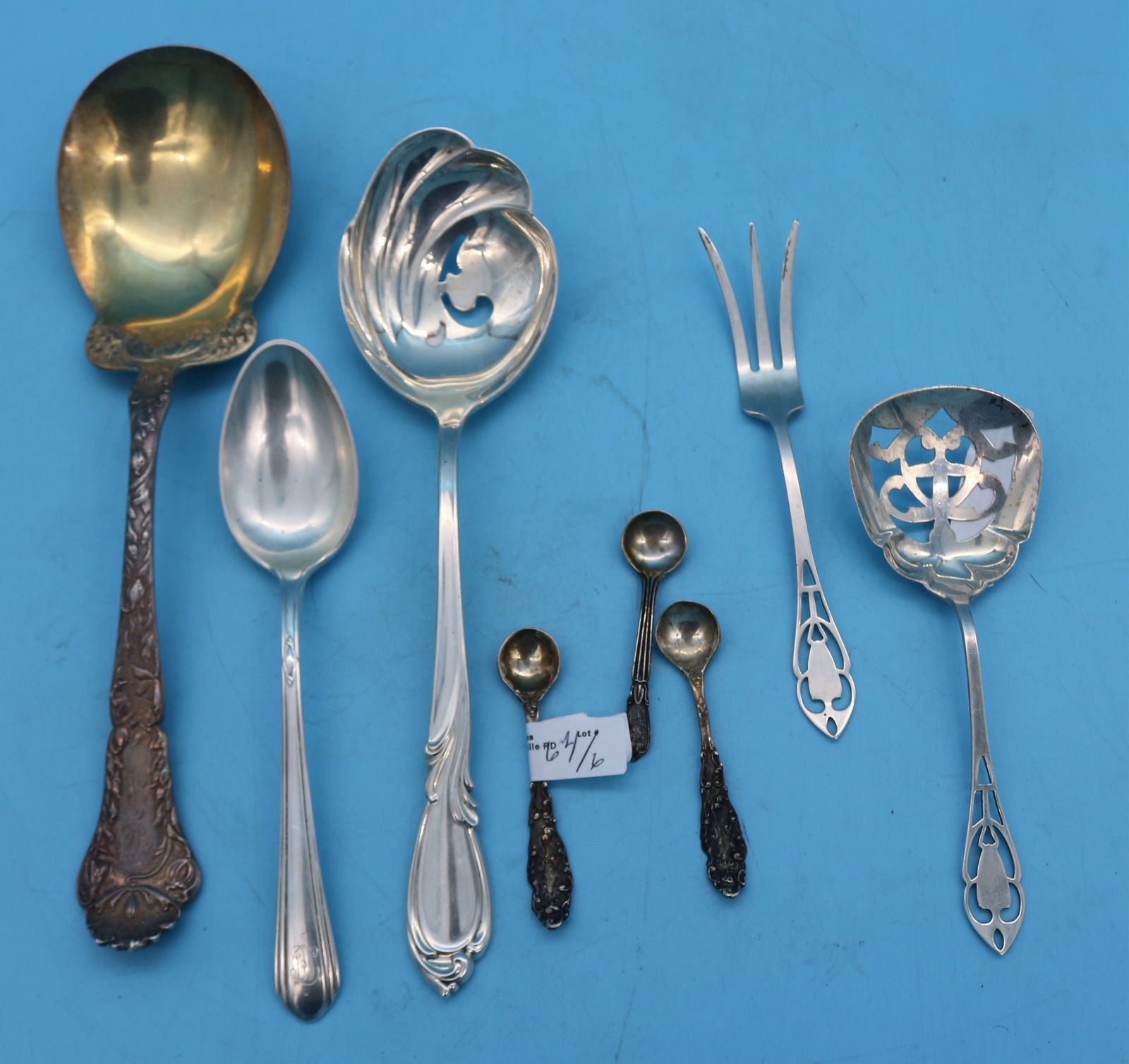 8 PCS. STERLING FLATWARE, 8 3/4" GORHAM BERRY: SPOON, MONOGRAMED, INTERNATIONAL "RHAPSODY" PATTERN, 8" SERVING SPOON, 6" TEA SPOON, MONOGRAMED, (2) 5" SERVING PCS. WITH OPEN WORK HANDLES, 3 SALT SPOONS, 6.65 .OZT