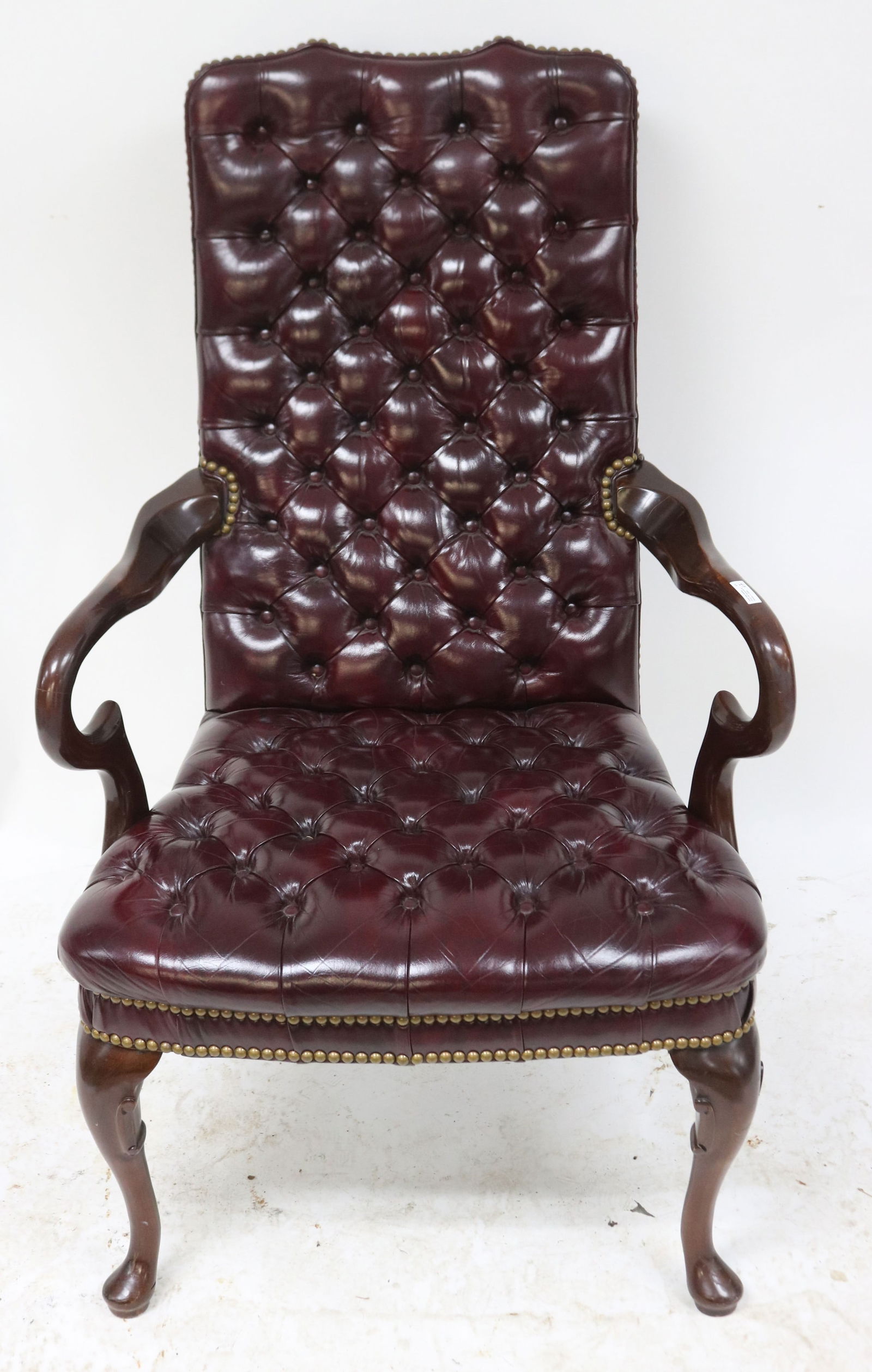 CUSTOM MAHOGANY QUEEN ANNE STYLE OPEN ARM CHAIR,: TUFTED LEATHER STYLE UPHOLSTERY, 42" H, 26 26 1/2" W, 25 1/2" D, 17" SEAT HEIGHT, EXCELLENT CONDITION