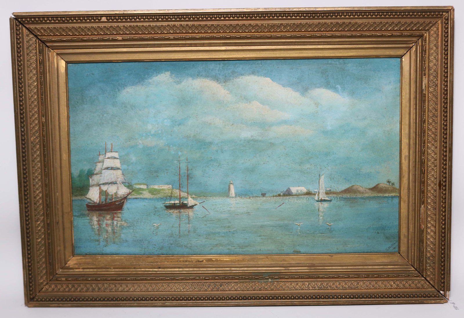 S. KNITTAKER, OIL ON BOARD, VIEW OF WHALES ROCK,: LIGHTHOUSE OFF NARRAGANSETT R.I., 15" X 25 1/4" SIGHT, 21 1/2" X 31 1/2" OVERALL, FRAME SHOWS SOME ROUGHAGE